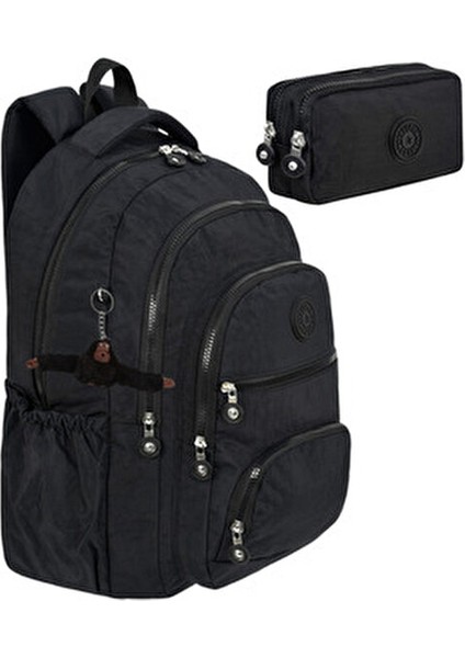 2'li Set Lüx Krinkıl Kumaş Lise ve Ortaokul Sırt Çantası + Kalemlik, Maymun Anahtarlık Hediyeli