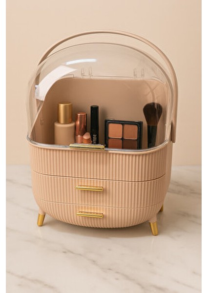 Cappuccino Renk Kapaklı Makyaj Organizeri–3 Katlı, Şeffaf Kubbeli, Çekmeceli Düzenleyici