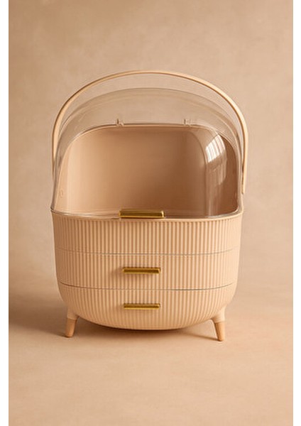 Cappuccino Renk Kapaklı Makyaj Organizeri–3 Katlı, Şeffaf Kubbeli, Çekmeceli Düzenleyici fiyatları