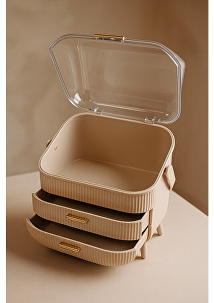 Cappuccino Renk Kapaklı Makyaj Organizeri–3 Katlı, Şeffaf Kubbeli, Çekmeceli Düzenleyici fırsatları