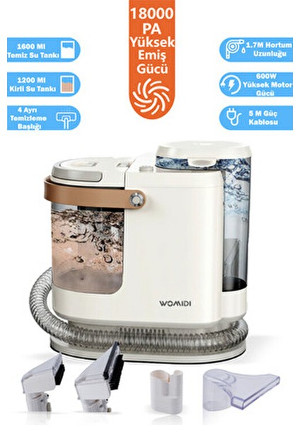 Halı ve Koltuk Yıkama Makinesi 600W Güç 18.000 Pa Emiş Gücü Leke Çıkartma Makinesi 4 Başlıklı