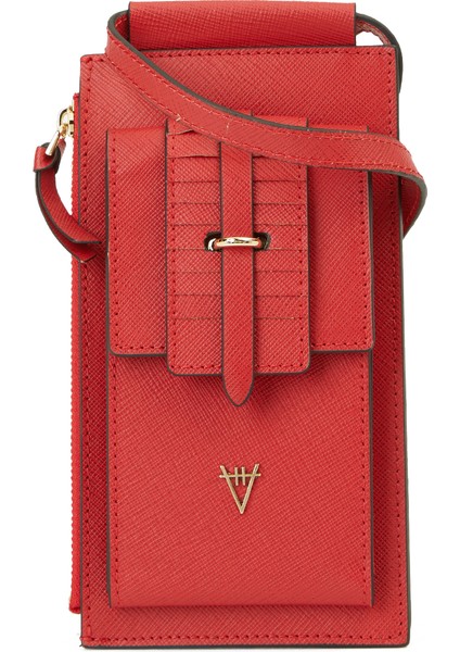 Kırmızı Logo Detaylı Kadın Deri Telefon Çantası