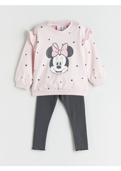 Yeni Sezon Bisiklet Yaka Minnie Mouse Baskılı Kız Bebek Sweatshirt ve Tayt 2'li