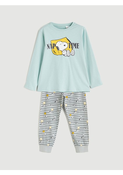 Yeni Sezon Bisiklet Yaka Snoopy Baskılı Erkek Çocuk Pijama Takımı