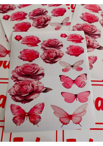 Gül ve Kelebek Sticker Renkli Baskı Baskes 1 Sayfa -Sayfa Alanı 25X30 cm Dolap Sticker