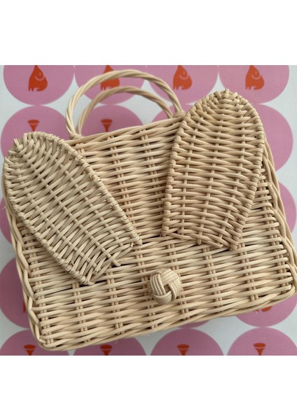 Bunny Bag Rattan Tavşan Kulaklı Pembe Deri Saplı Kız Çocuk Omuz Çantası modelleri