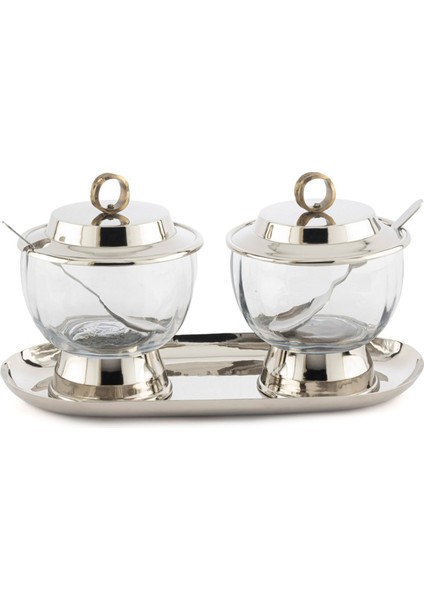 Gümüş Tepsili Kapaklı 2'li Cam Çerezlik ve Reçellik