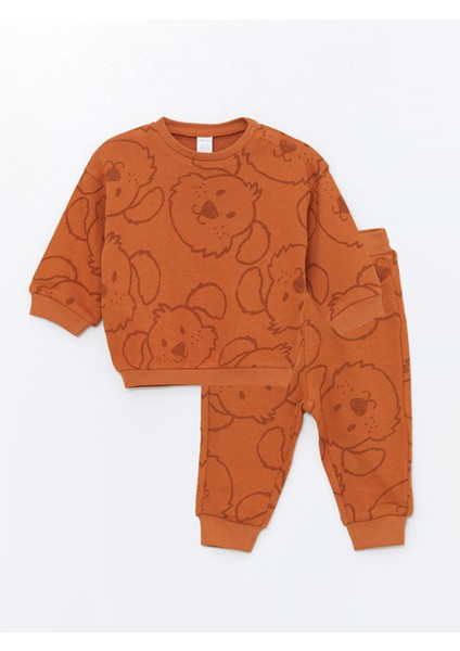 Yeni Sezon Bisiklet Yaka Uzun Kollu Baskılı Erkek Bebek Sweatshirt ve Eşofman Alt 2'li Takım
