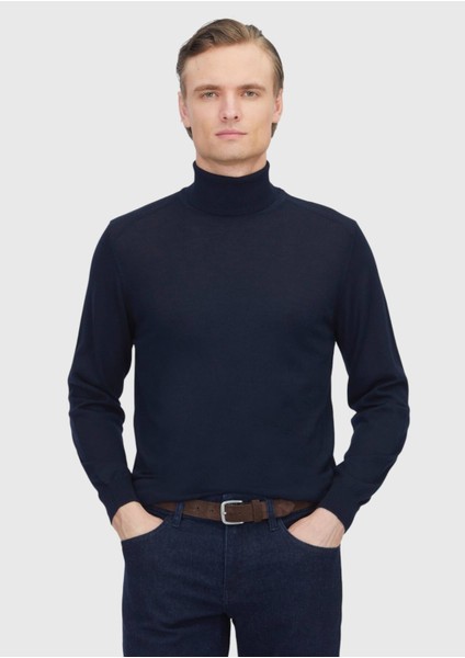 Lacivert Tam Balıkçı Yaka Düz Örgü Yün Karışımlı Triko Kazak