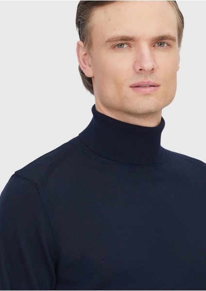 Lacivert Tam Balıkçı Yaka Düz Örgü Yün Karışımlı Triko Kazak modelleri