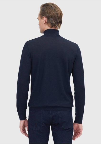 Lacivert Tam Balıkçı Yaka Düz Örgü Yün Karışımlı Triko Kazak indirimleri