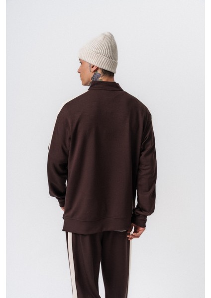 Erkek Şerit Detaylı Yarım Fermuarlı Modal Sweatshirt Kahve modelleri