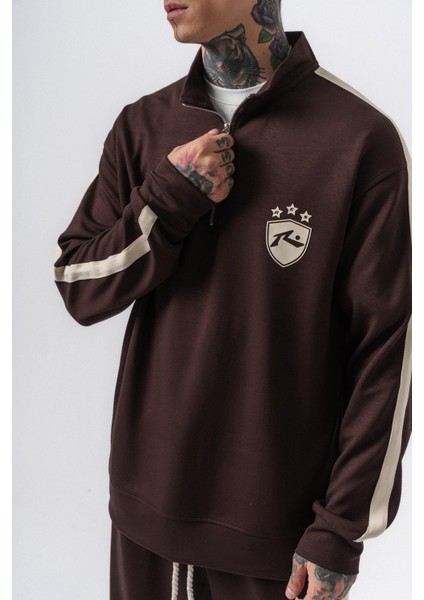 Erkek Şerit Detaylı Yarım Fermuarlı Modal Sweatshirt Kahve fırsatları