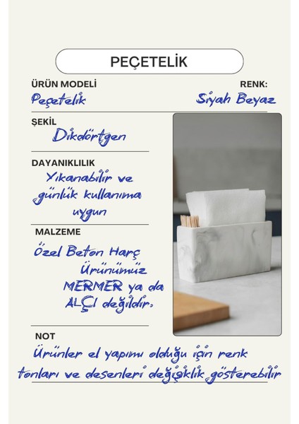 El Yapımı Beton Gri Alçı Peçetelik | Minimal Masa ve Mutfak Dekoru | Kafe & Bar Için