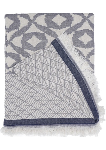Positano Gri Lacivert Jakarlı Pamuk Throw Koltuk Örtüsü 140X195 cm