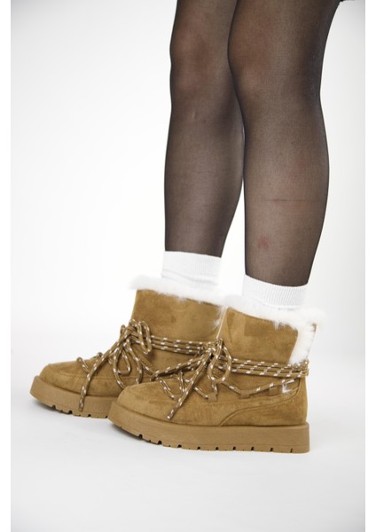 219851141-11 Kadın Yumuşak Rahat Kürklü Bot - Tekstil Süet Kışlık Taba Bot