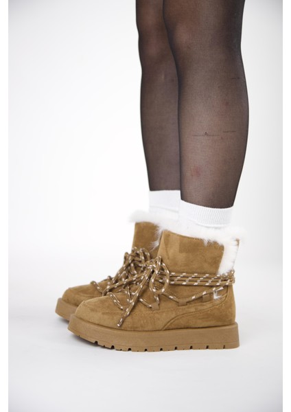 219851141-11 Kadın Yumuşak Rahat Kürklü Bot - Tekstil Süet Kışlık Taba Bot fiyatları