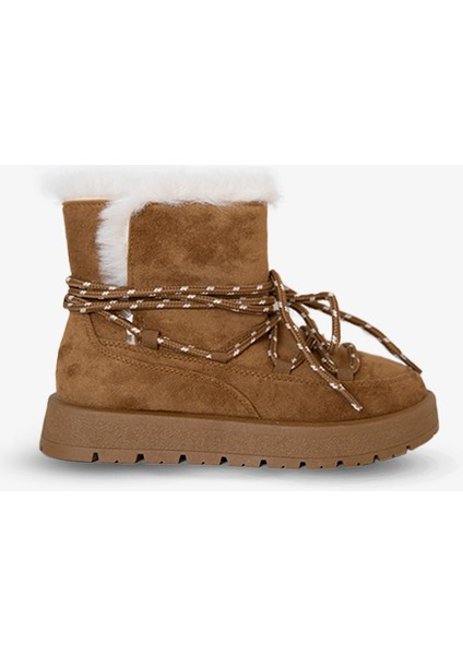219851141-11 Kadın Yumuşak Rahat Kürklü Bot - Tekstil Süet Kışlık Taba Bot