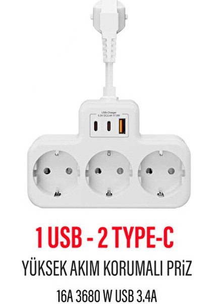 Çoklu Kablolu Priz -Priz Çoğaltıcı-Priz Dönüştürücü 1usb - 2type-C Girişli Yüksek Akım Korumalı Fiş