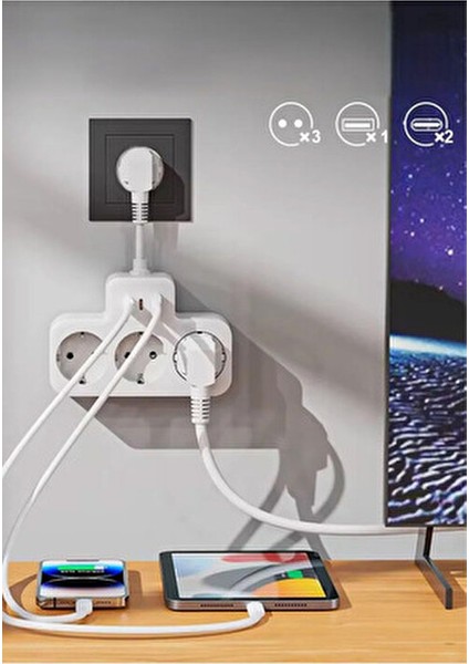 Çoklu Kablolu Priz -Priz Çoğaltıcı-Priz Dönüştürücü 1usb - 2type-C Girişli Yüksek Akım Korumalı Fiş fiyatları