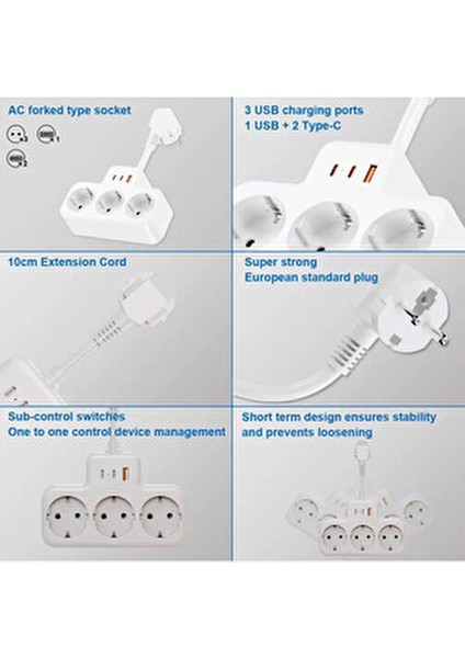 Çoklu Kablolu Priz -Priz Çoğaltıcı-Priz Dönüştürücü 1usb - 2type-C Girişli Yüksek Akım Korumalı Fiş
