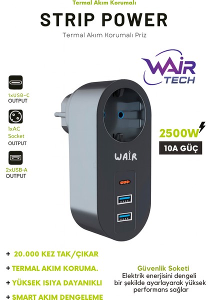 Termal Akım Korumalı Tekli Priz 2xusb + 1xtype-C Çıkışlı | Isıya Dayanıklı, Çocuk Korumalı