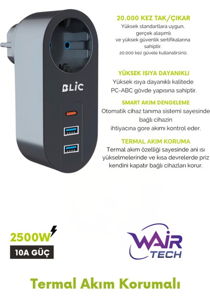 Termal Akım Korumalı Tekli Priz 2xusb + 1xtype-C Çıkışlı | Isıya Dayanıklı, Çocuk Korumalı fiyatları