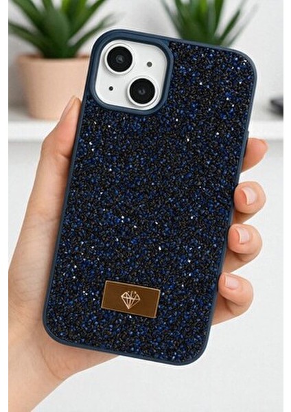 iPhone 13 / 14 / 15 Uyumlu – Elmas Tasarımlı, Lacivert Taşlı, Işıltılı Pırlanta Silikon Kılıf