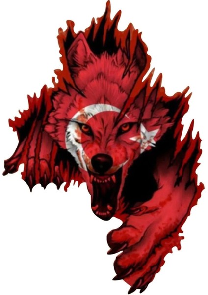 Türk Bayrağı Sağ Yön Kurt Bozkurt Boz Kurt Sticker 26X18 cm Renkli Baskı