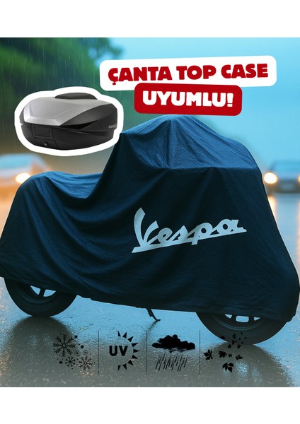 Vespa Gts 300 Super Sport Motor Branda Siyah Su Geçirmez Topcase Çanta Uyumlu Logolu Motosiklet Brandası