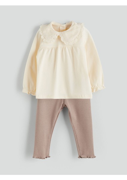 Yeni Sezon Bebe Yaka Kız Bebek Sweatshirt ve Tayt 2'li