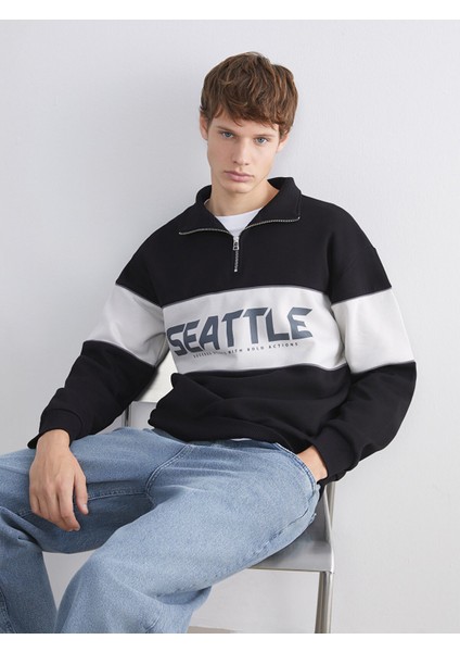 Yeni Sezon Dik Yaka Renk Bloklu Erkek Sweatshirt