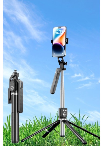Kumandalı 360 Derece Dönebilen Cep Telefonu ve Kamera Tripodu 2.2m Uzayabilen Selfie Çubuğu