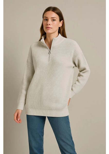 Kadın Yarım Fermuarlı Triko Kazak – Selanik Örgü, Dik Yaka, Pamuklu Dokuma, Oversize Uzun Kollu Kışlık Model - Gri fiyatları