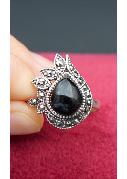 925 Ayar Kadın Gümüş Oltu Taşı Yüzük SY00065 fırsatları