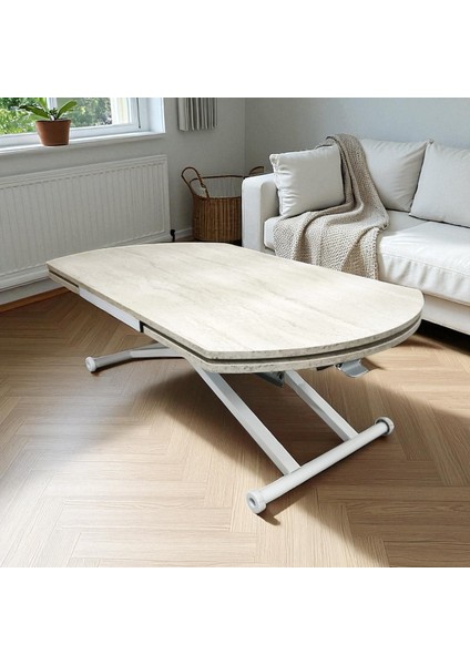 Yan Baştan Açılır Oval Akıllı Yemek Masası Mdf Traverten Tabla Alt Mekanizma Metal