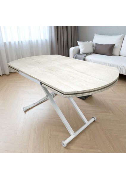 Yan Baştan Açılır Oval Akıllı Yemek Masası Mdf Traverten Tabla Alt Mekanizma Metal fiyatları