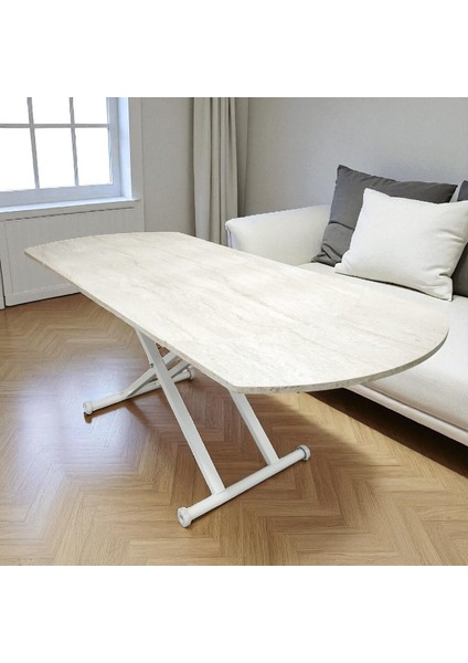Yan Baştan Açılır Oval Akıllı Yemek Masası Mdf Traverten Tabla Alt Mekanizma Metal fırsatları