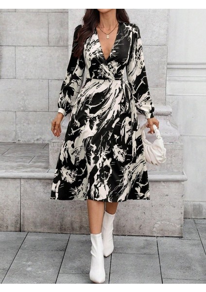 Kadın Uzun Kollu Kruvaze Yakalı Yandan Bağlamalı Desenli Mini Modal Elbise fiyatları