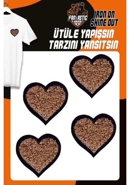 Ütü ile Yapışan Dokuma Arma Seti Patch Yama Altın Simli Saçaklı Kalp Modeli (4 Adet)
