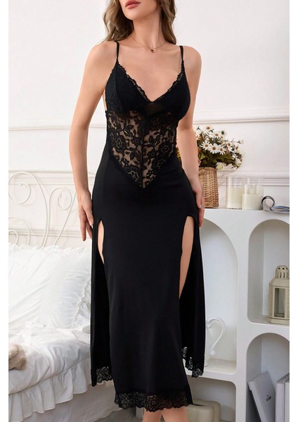 Yırtmaçlı Dantelli Uzun Gecelik indirimleri