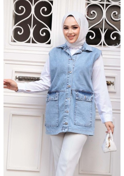 Düğmeli Mavi Tesettür Kot Yelek 20444M