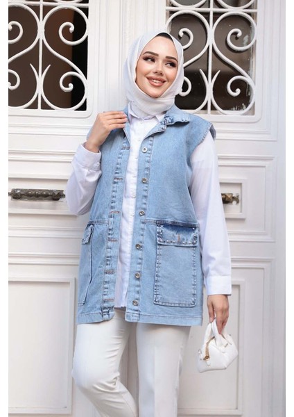 Düğmeli Mavi Tesettür Kot Yelek 20444M fiyatları
