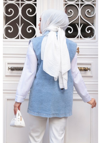Düğmeli Mavi Tesettür Kot Yelek 20444M modelleri