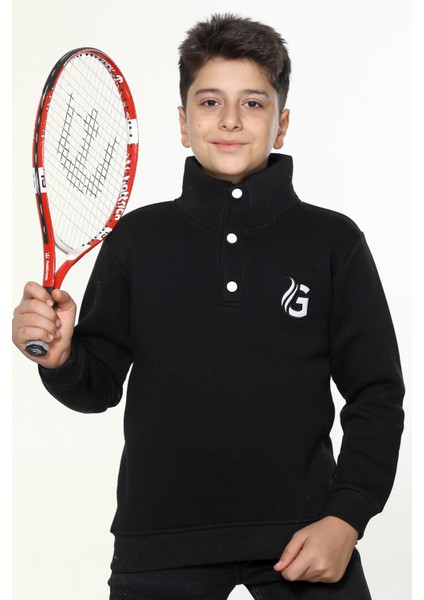Üç Iplik Erkek Çocuk Sweatshirt-Düğmeli Yaka Detaylı