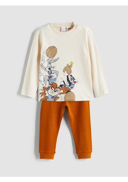 Yeni Sezon Bisiklet Yaka Looney Tunes Baskılı Erkek Bebek Pijama Takımı