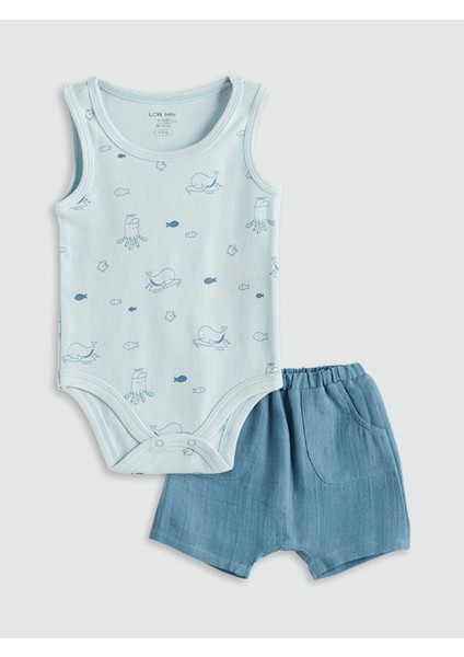 Yeni Sezon Organik Kumaş Erkek Bebek Çıtçıtlı Body ve Şort 2'li