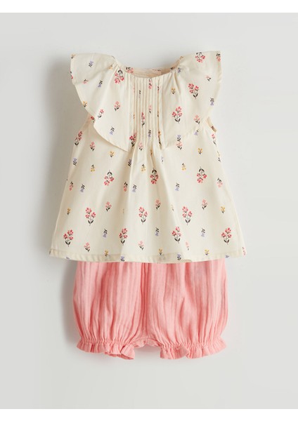 Yeni Sezon Bisiklet Yaka Çiçekli Kız Bebek Bluz ve Şort 2'li modelleri