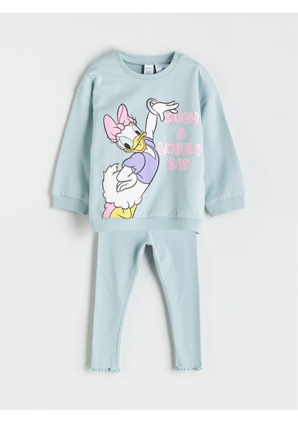 Yeni Sezon Bisiklet Yaka Uzun Kollu Daisy Duck Baskılı Kız Bebek Sweatshirt ve Tayt 2'li