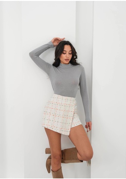 Iki Düğmeli Kaz Ayağı Desen Ch Kumaş Şort Etek Beyazturuncu H26414 fiyatları